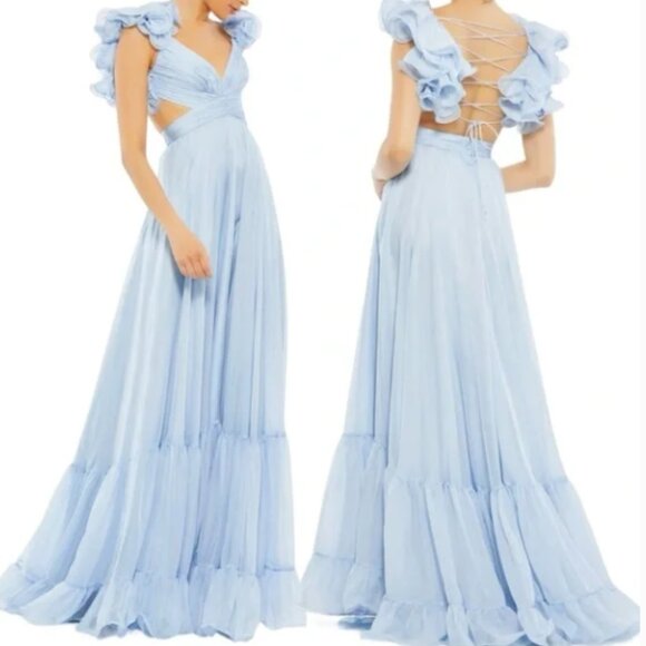 NWT Mac Duggal 67911 Light Blue Ruffle Tiered Cut-Out Chiffon Gown - Picture 2 of 7